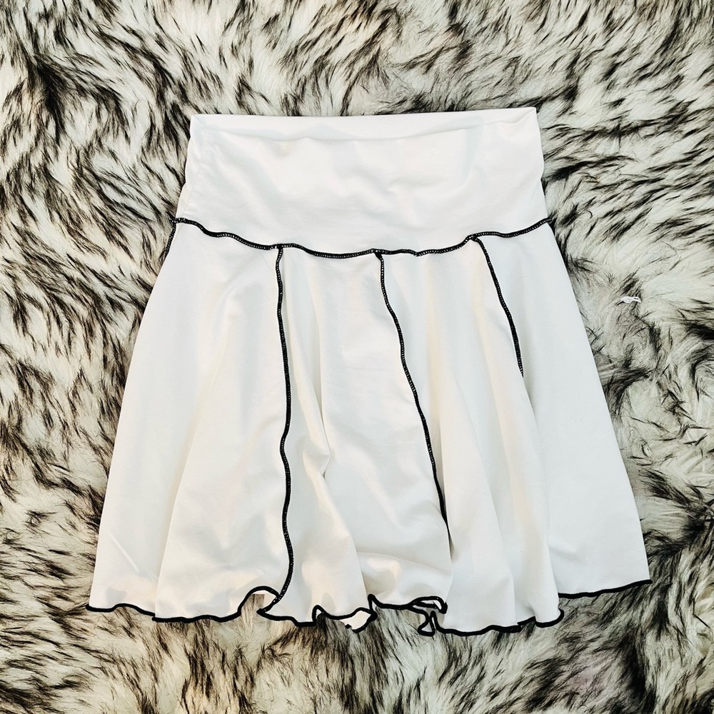 dolls kill white shirt mini skirt lettuce trim black contrast stitching